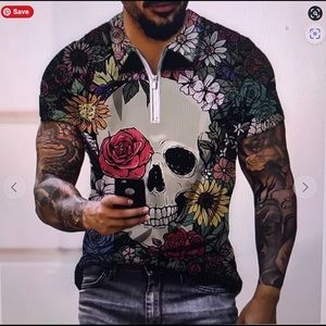Men’s Vintage Loose Casual Skull ZIP polo shirt